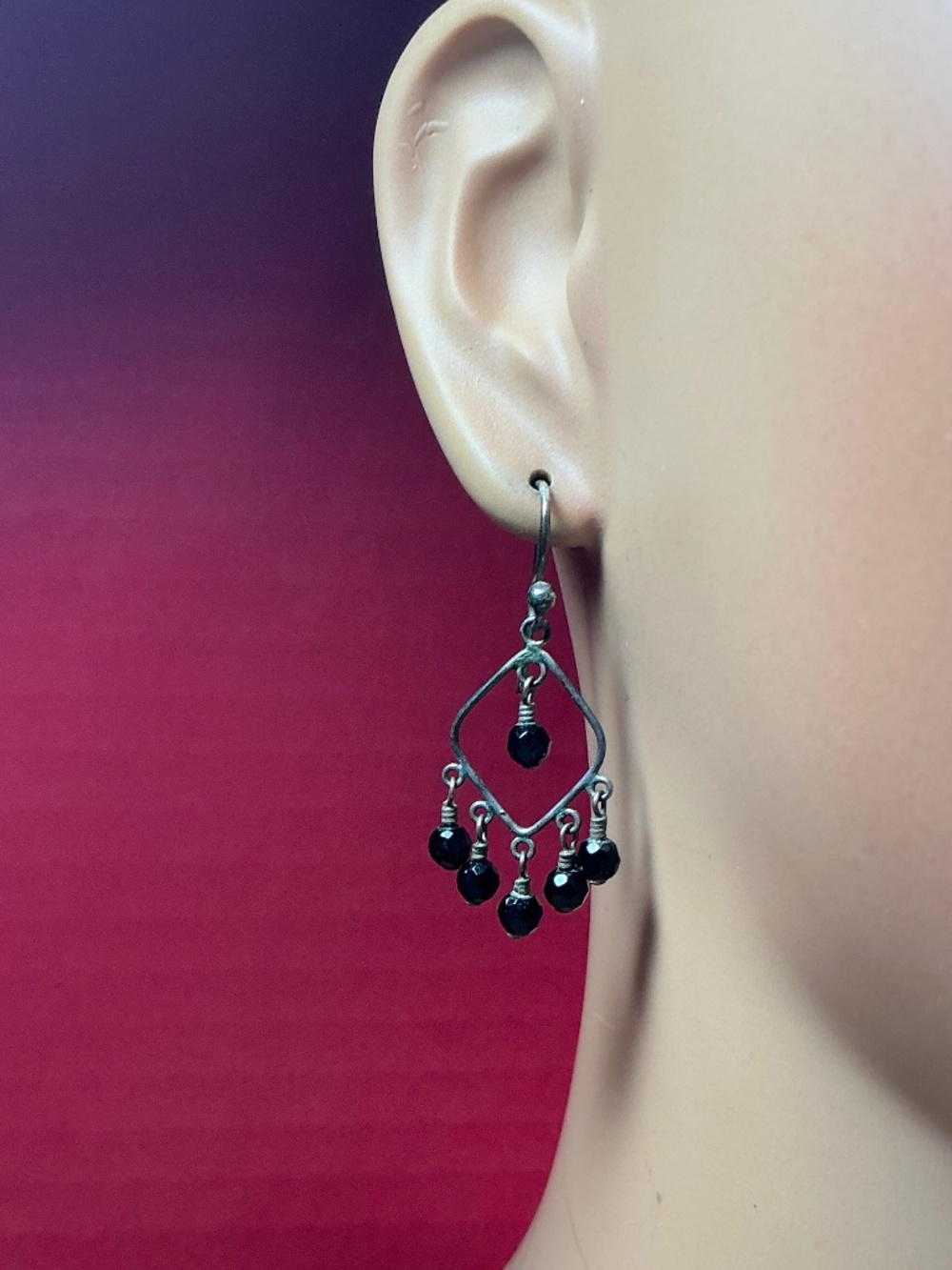 Sterling Silver Chandelier Style Earrings With Black Beads. 1.5 inches long